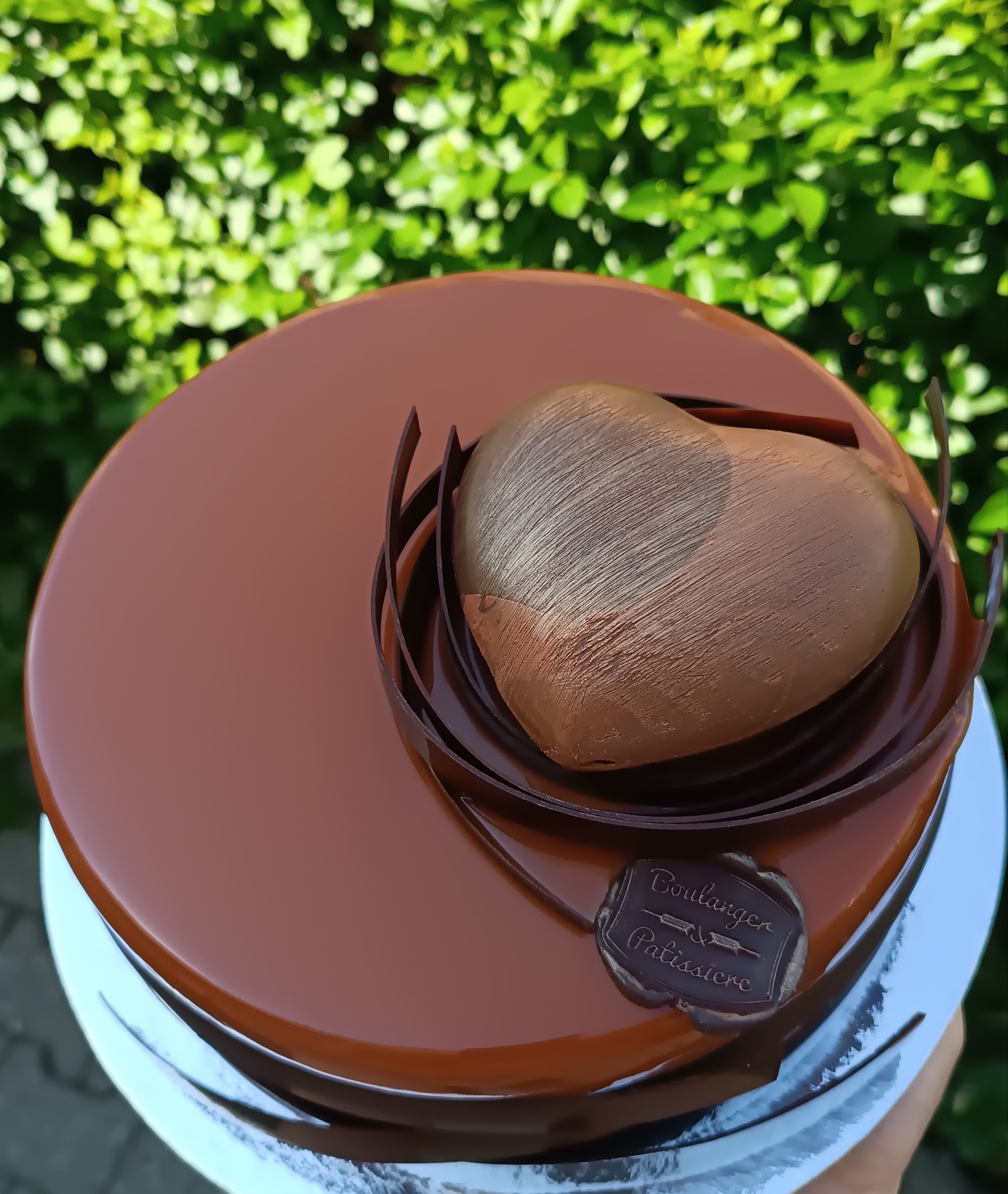 Glossy round chocolate cake with heart and curved chocolate decorations