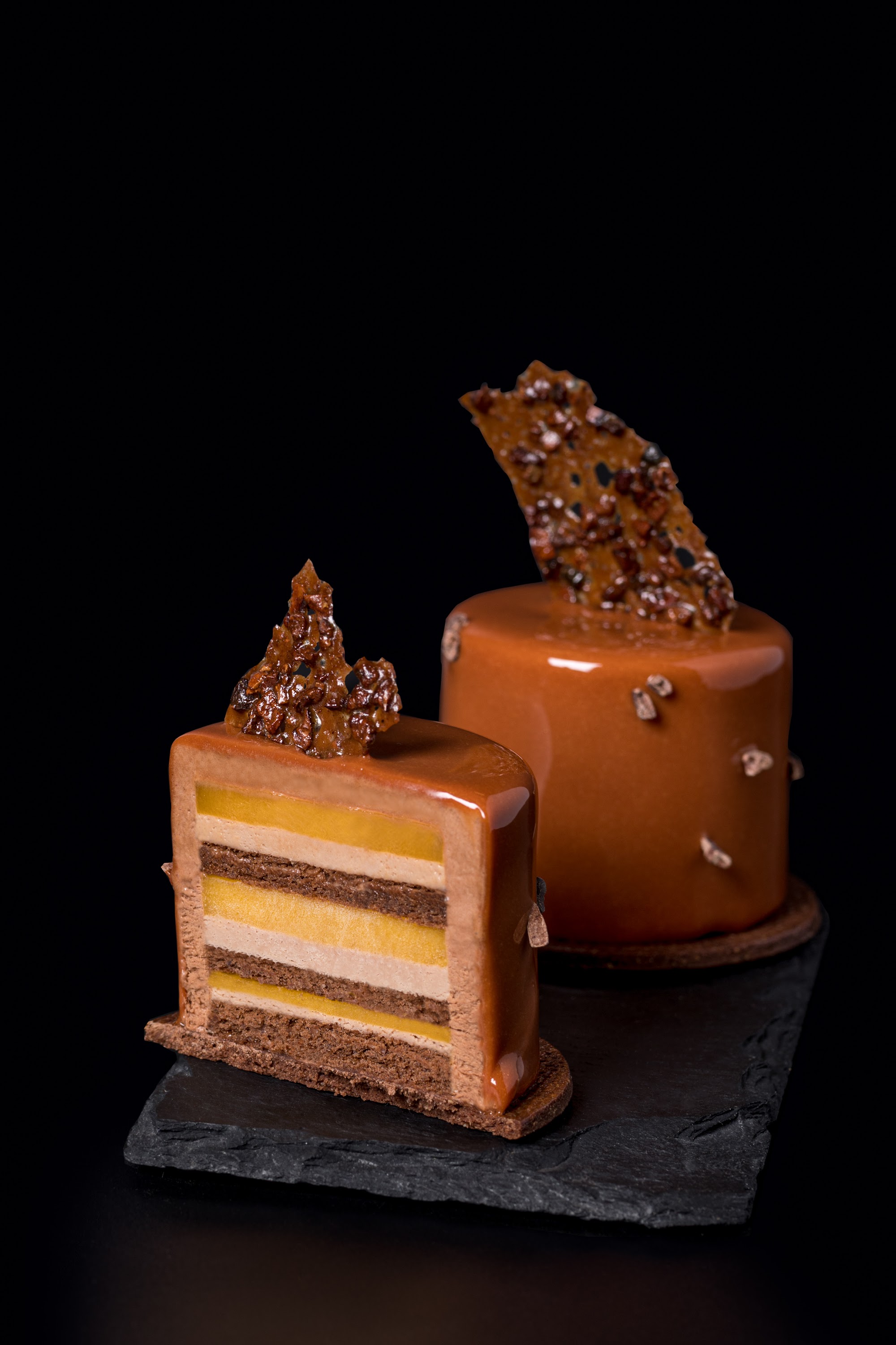 Caramel-glazed chocolate entremets with passion-fruit layers and nut brittle
