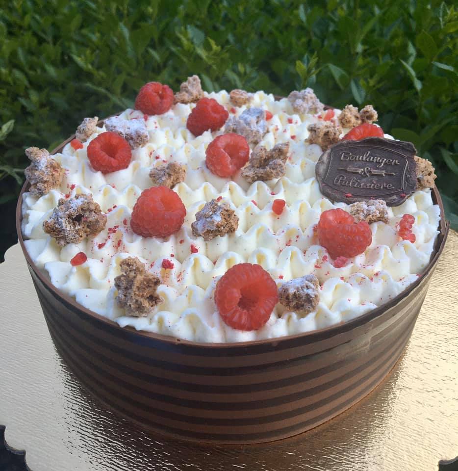 Chocolate-sided cake topped with vanilla cream, raspberries and crunchy pieces