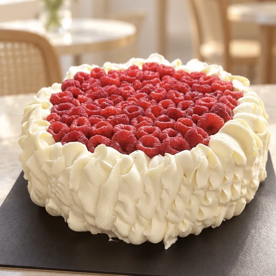 Mille-Feuille (Napoleon Cake) with fresh raspberries and white piped cream